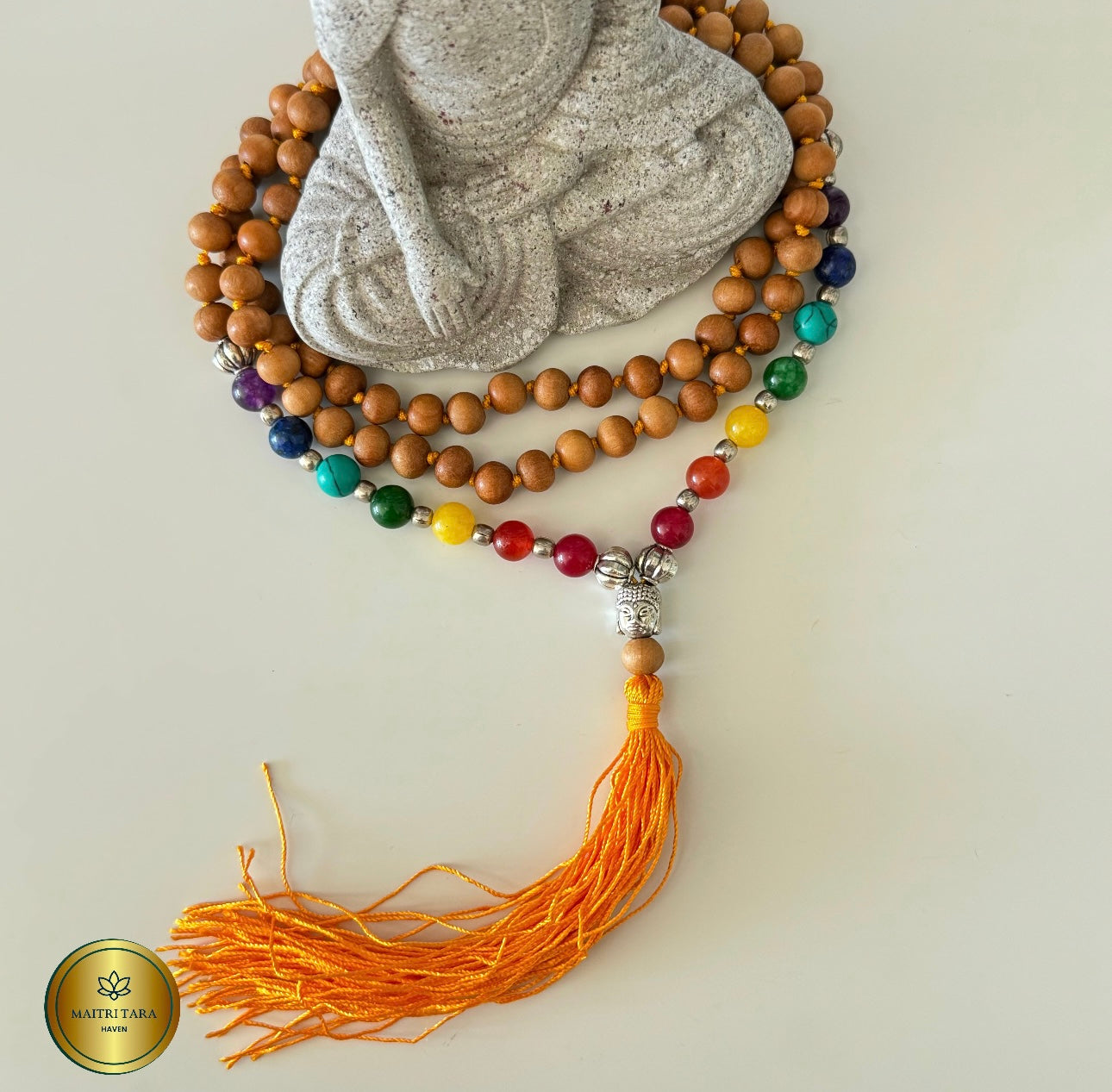 108 Sandalwood 7 Chakras Mala - Hand Knotted Japa Mala