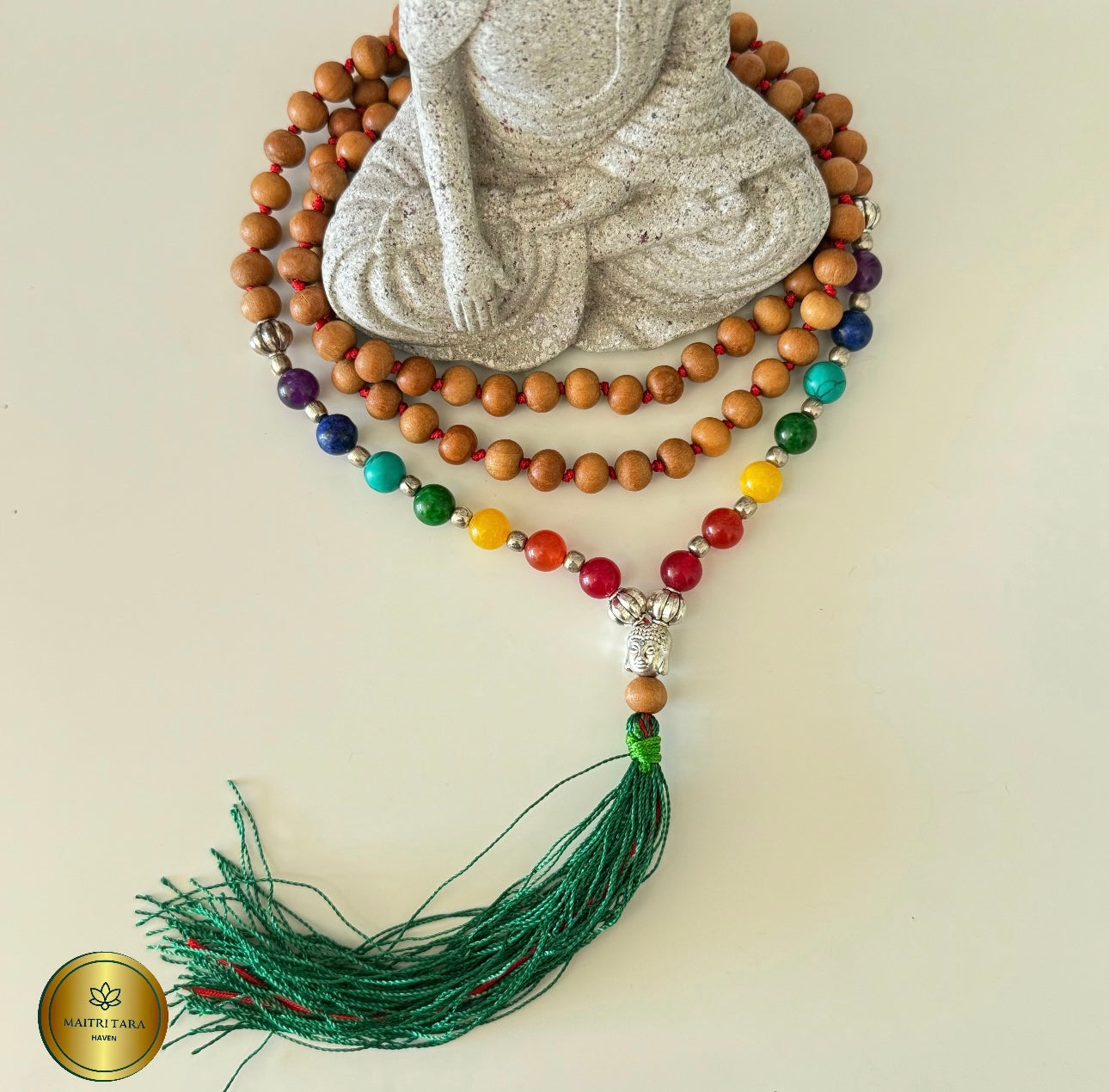 108 Sandalwood 7 Chakras Mala - Hand Knotted Japa Mala