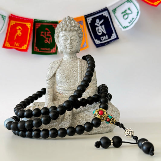 108 Matte Black Onyx & Aquamarine Mala