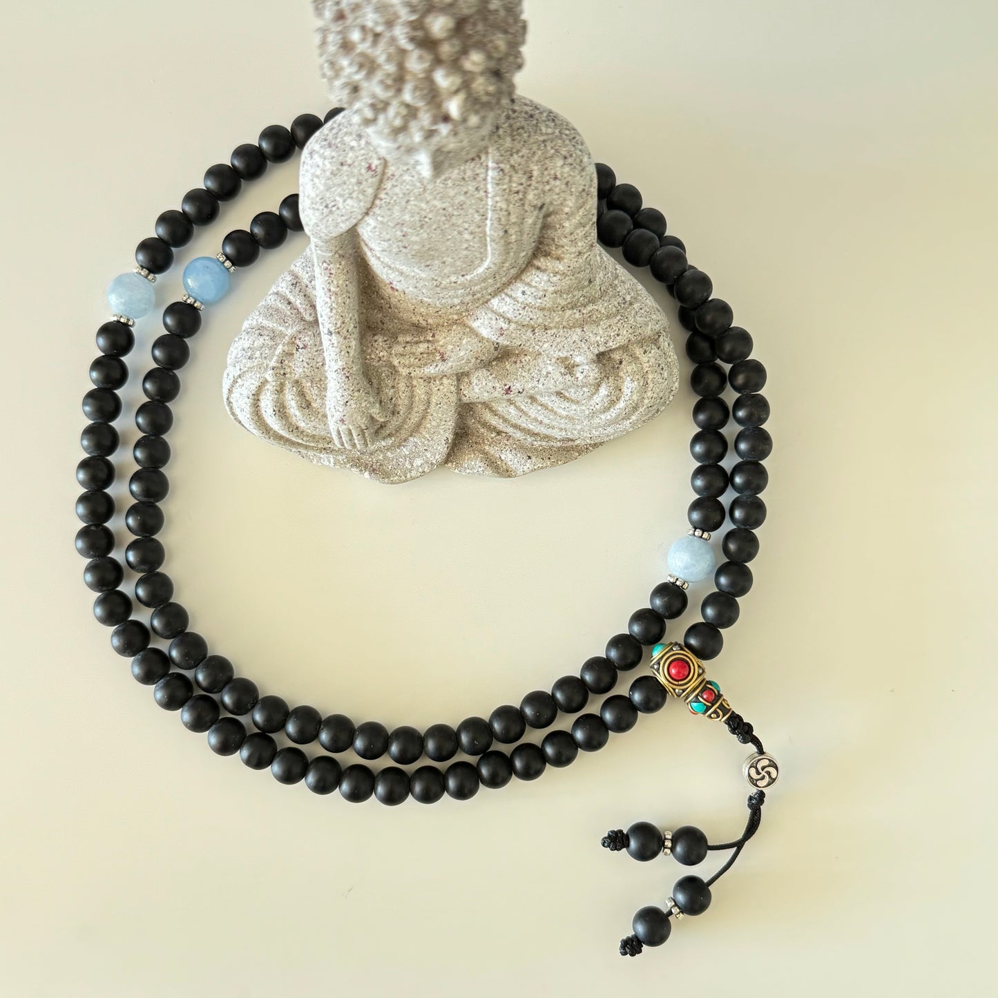 108 Matte Black Onyx & Aquamarine Mala
